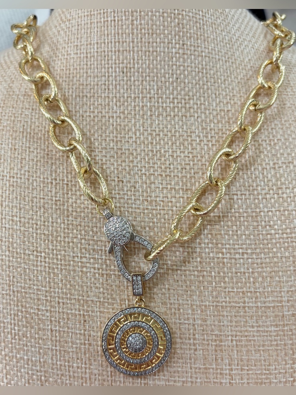 NEW Gold-Tone Pave Medallion Pendant Necklace 18” chain